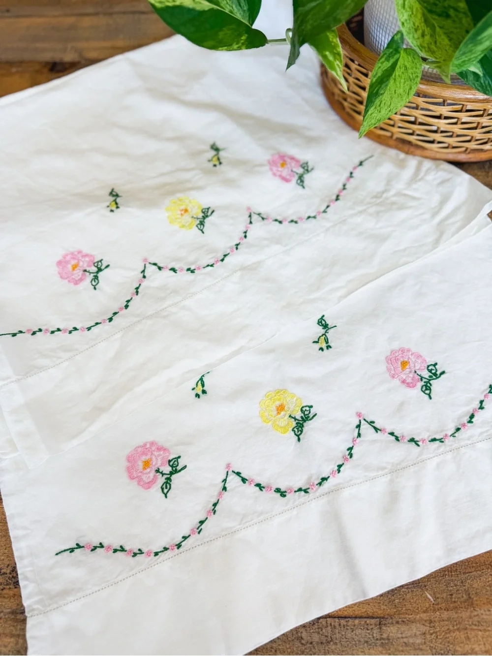 Hand Embroidered Floral Pillowcase Set with Pink and Yellow Blooms